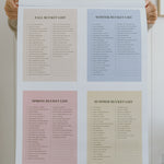 Four seasonal bucket list pages in pastel colors from the family wall calendar