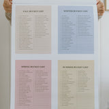 Four seasonal bucket list pages in pastel colors from the family wall calendar