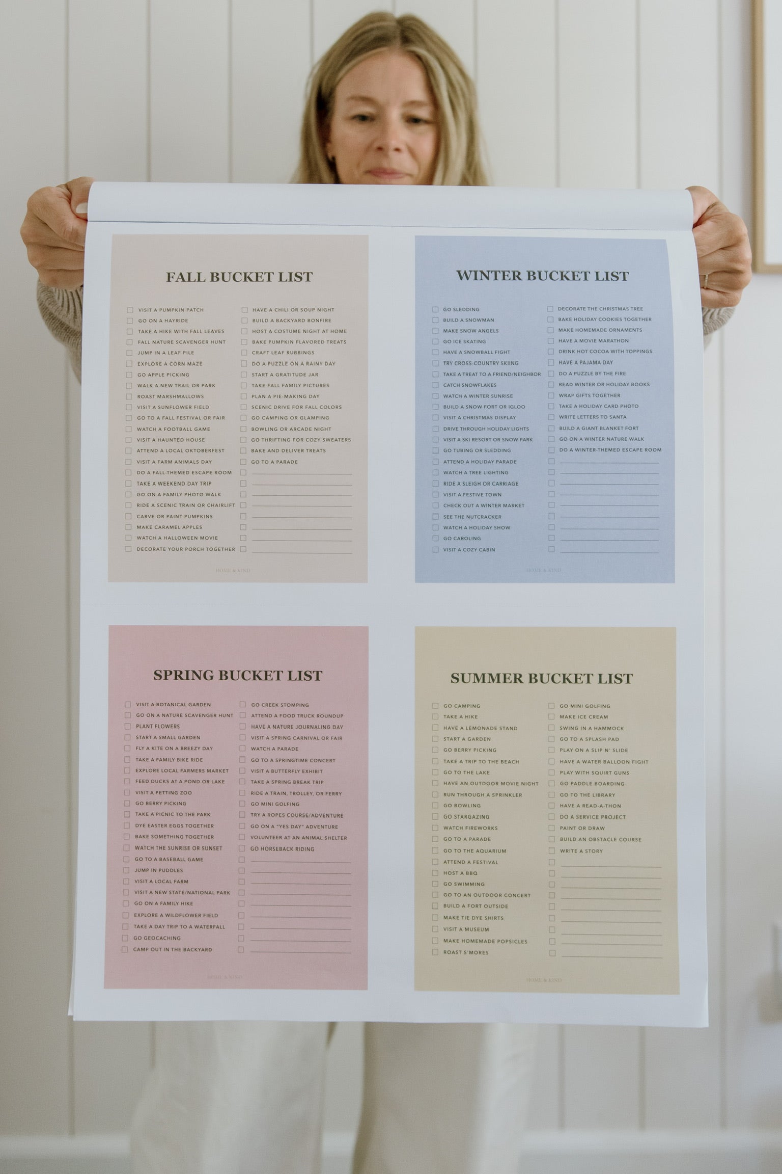 Four seasonal bucket list pages in pastel colors from the family wall calendar
