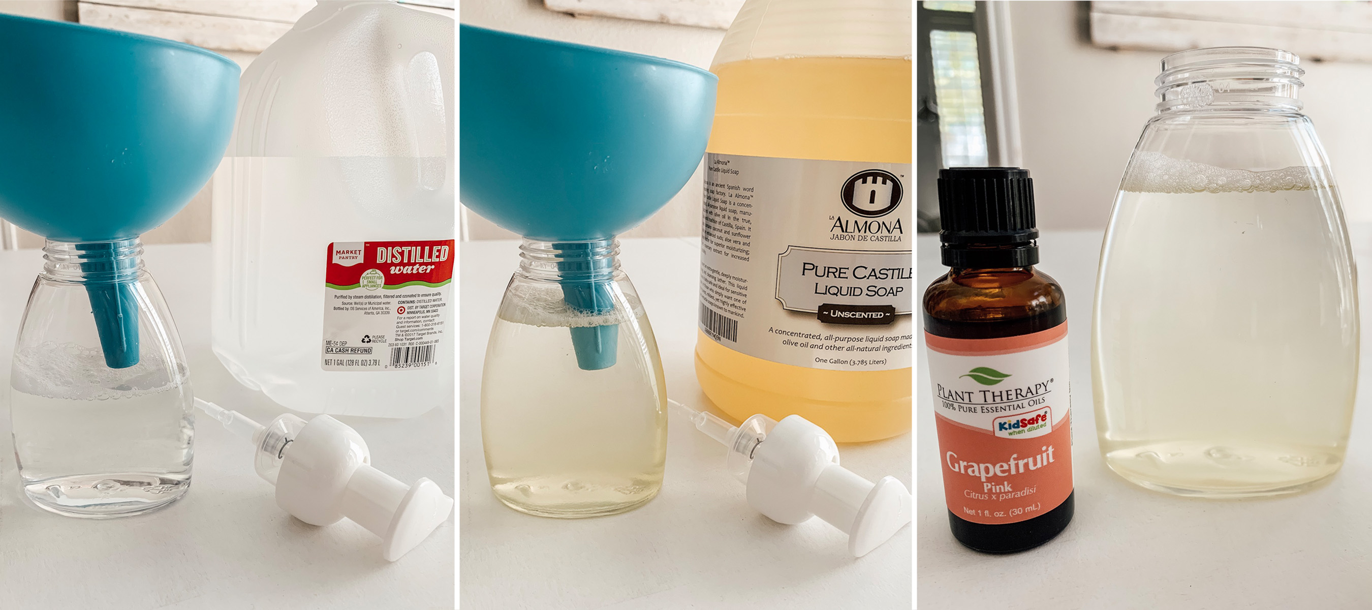 Soap dispensers, castille soap, essential oil and distilled water on a table