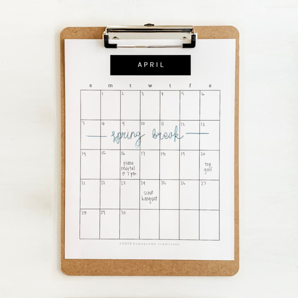monthly calendar on a clipboard