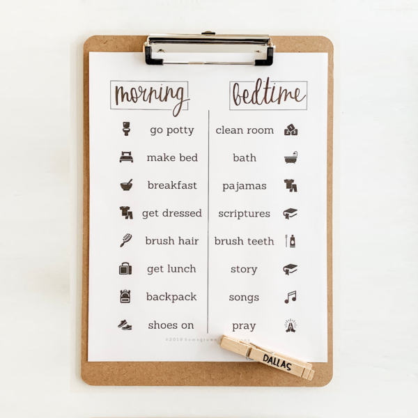 clipboard with morning and bedtime routine chart