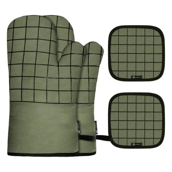 Olive Green Oven Mitts and Pot Holders with Black Grid Detail