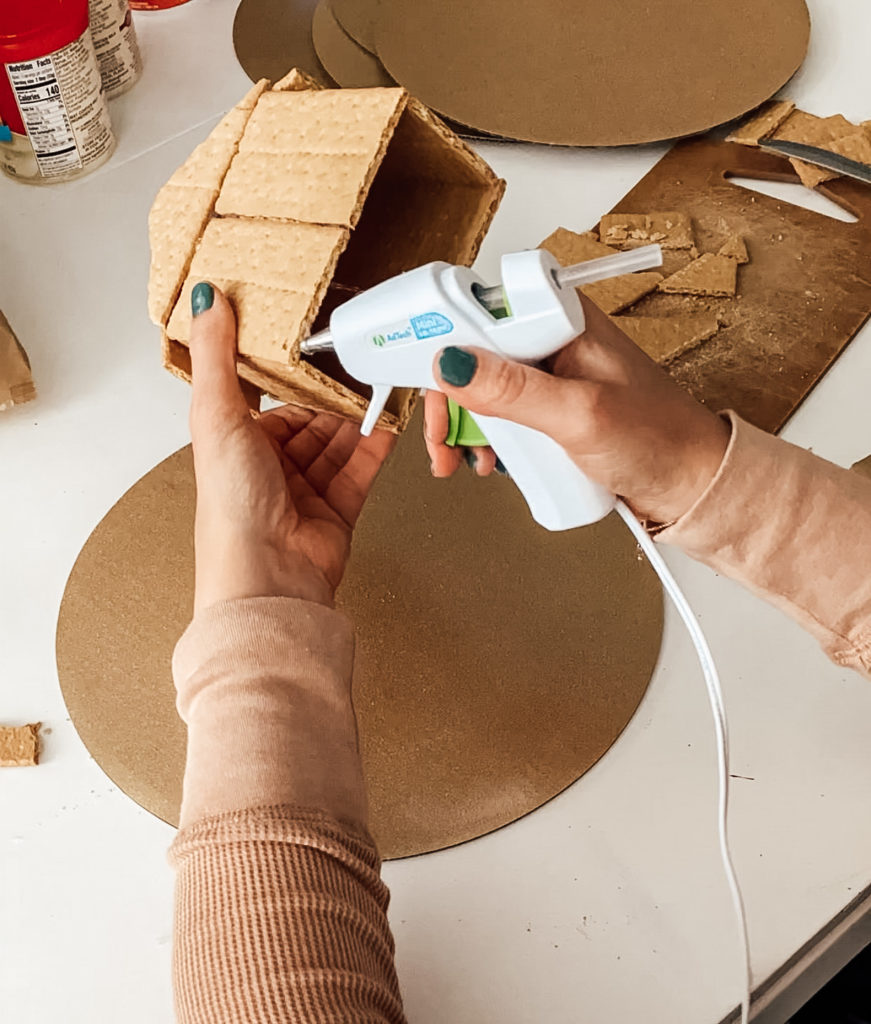 3. Use a glue gun to hold graham crackers together. (A low-heat glue gun works well for kids.)