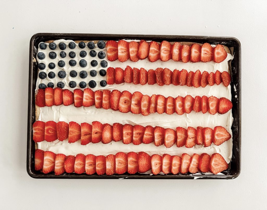 Flag fruit pizza on a countertop