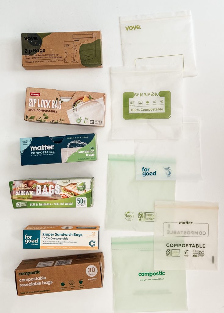 Compostable sandwich baggies laid out next to their boxes